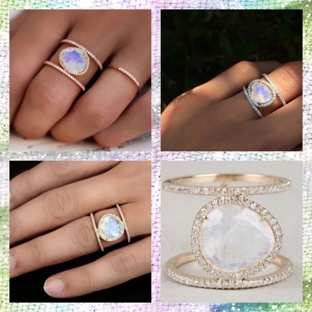 Diamond Double Band Rainbow Moonstone Ring - Size 5.5
